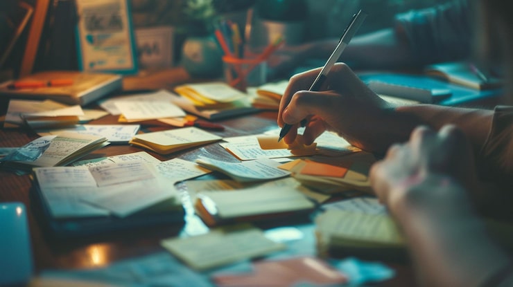 Student studying with notes and flashcards